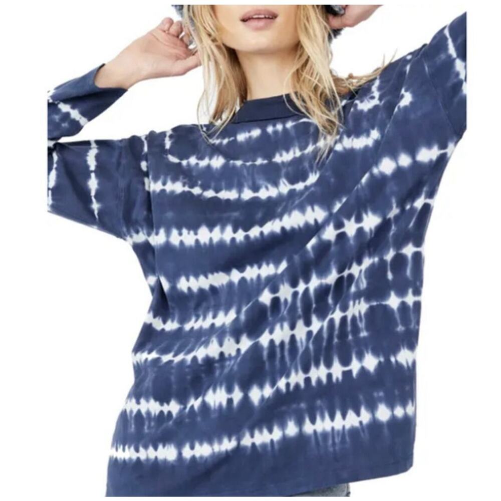 We The Free Womens Oversized Navy Tye-Dye Long Sleeve T-Shirt Size Large